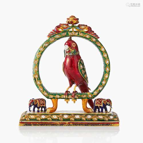 A North Indian Enamelled Gold Parrot on a Circular Perch