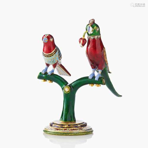 Two North Indian Enamelled Gold Parrots