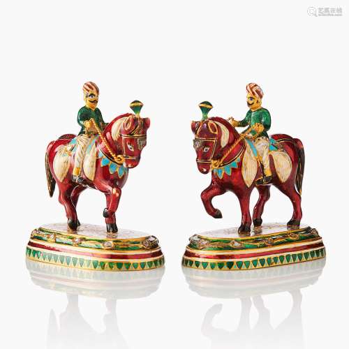 A Pair of North Indian Enamelled Gold Horses and Riders