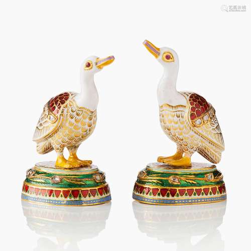 A Pair of North Indian Enamelled Gold Geese