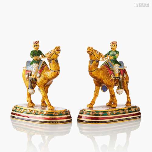 A Pair of North Indian Enamelled Gold Camels and Riders