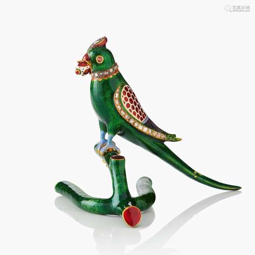 A North Indian Enamelled Gold Parrot