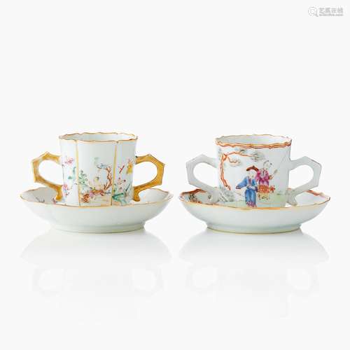 Two Chinese Famille Rose Chocolate Cups and Saucers