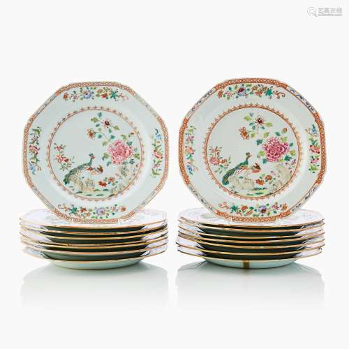 A Set of Sixteen Chinese Famille Rose ‘Double Peacock’ Patte...