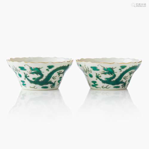 A Pair of Chinese Green Dragon Bowls