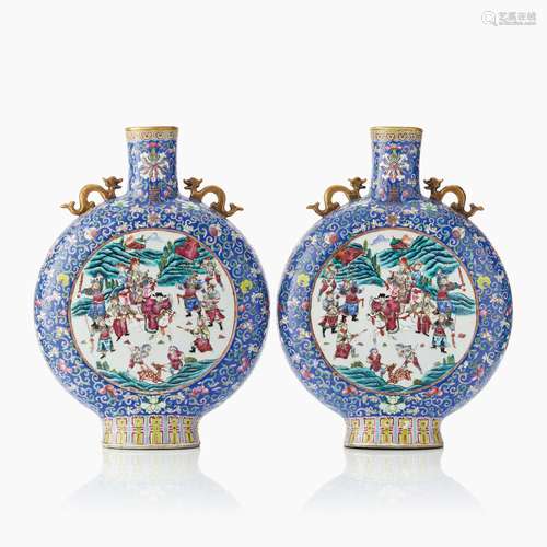 A Pair of Imposing Chinese Famille Rose Moonflasks