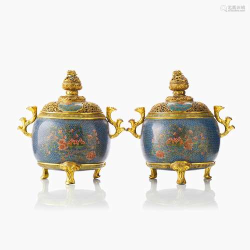 A Pair of Chinese Enamel Cloisonne Tripod Censers and Covers