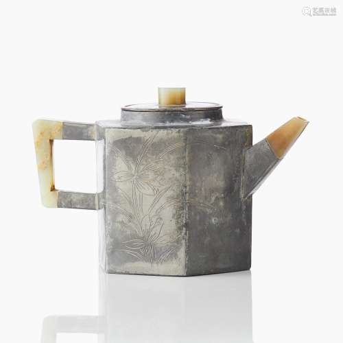 A Chinese Inscribed Pewter-Mounted Yixing Stoneware Teapot a...