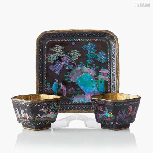 Two Chinese Mother-of-Pearl Inlaid Black Lacquer Cups and a ...
