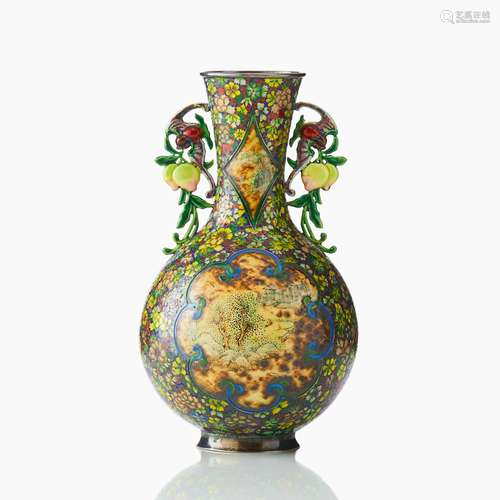 A Cloisonne and Painted Enamel Vase on Silver