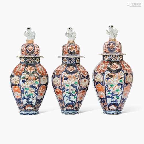 A Set of Three Large Imposing Japanese Imari Vases and Cover...