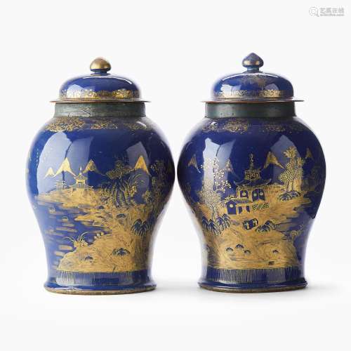 A Pair of Large Chinese Powder Blue Ground Gilt-Decorated Va...