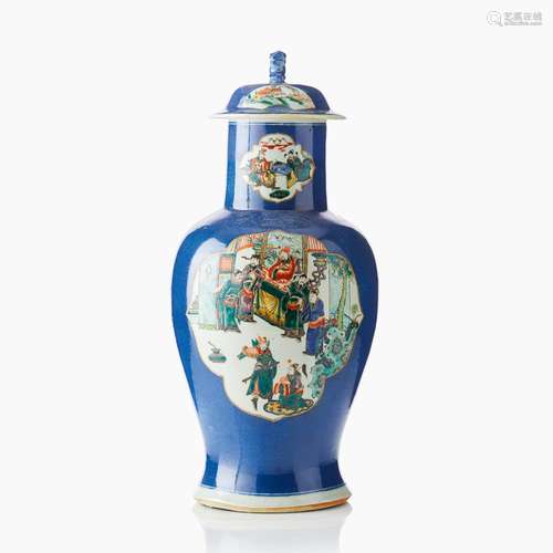 A Chinese Famille Verte Powder Blue Ground Vase and Cover