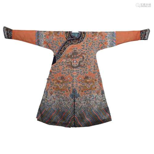 AN ORANGE GROUND 'DRAGONS' EMBROIDERED ROBE