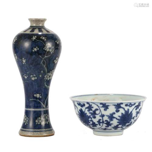 A PORCELAIN VASE AND A BLUE AND WHITE BOWL