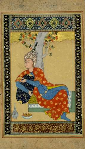 Farbe und Gold auf Papier. Ein Prinz mit hohem Turban sitzt ...