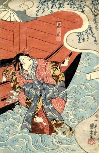 Die Kurtisane Takao, stürzt sich in die Fluten. Sign.: Ichiy...