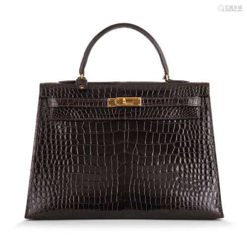 HERMÈS Paris* Sac Kelly 35 sellier en crocodile porosus coco...