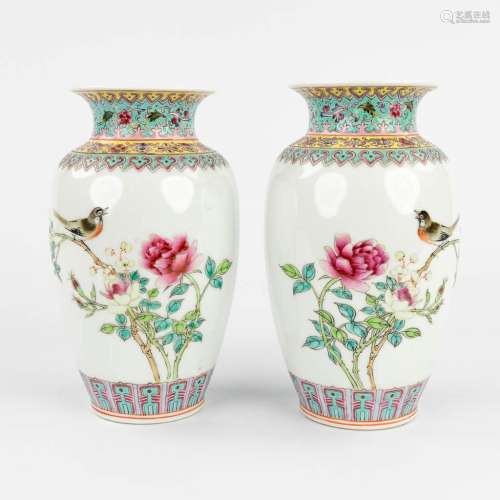 A pair of young Chinese vases decorated with fauna and flora...
