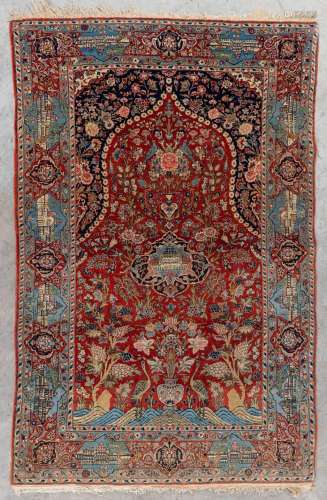 An Oriental hand-made figurative carpet with images of build...