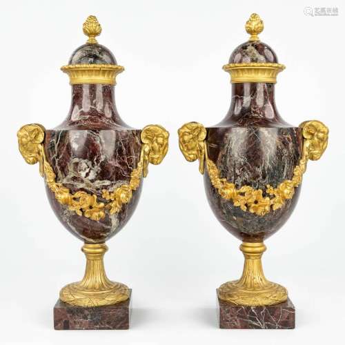 A pair of red marble cassolettes mounted with gilt bronze ra...