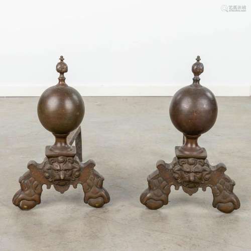 A pair of fireplace bucks made of bronze, decorated with lio...