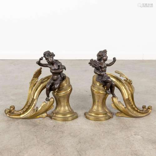 A pair of fireplace bucks decorated with putti in Louis XV s...