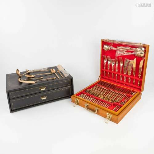 A collection of 2 boxes with brass cutlery, in a faux bamboo...