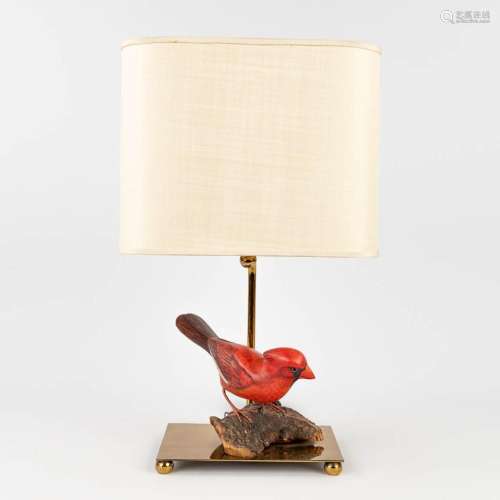 A mid-century table lamp with a 'Northern Cardinal' bird. (H...