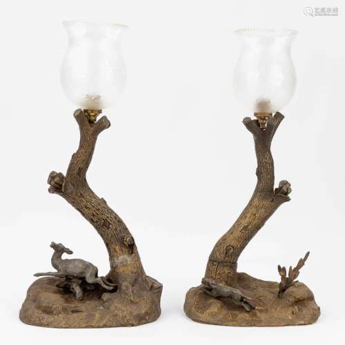 A pair of table lamps with hunting scnes, probably Vienna b...