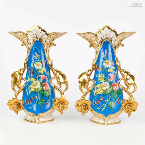 Vieux Bruxelles, A pair of vases with gold and blue decor an...