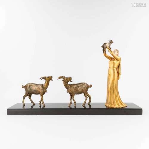 Lady with 3 goats, a statue made in art deco style (L:16,5 x...