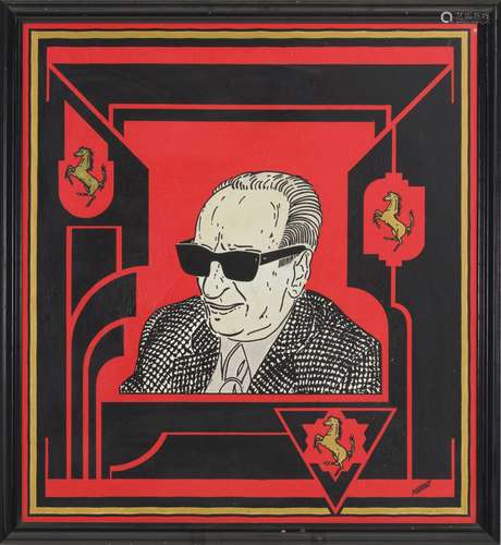 Enzo Ferrari (1898-1988), acrylique sur toile, signée P Cour...