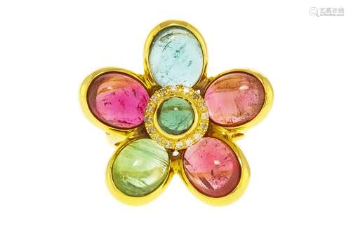 Bague fleur or 750 sertie de cabochons de tourmaline de diff...