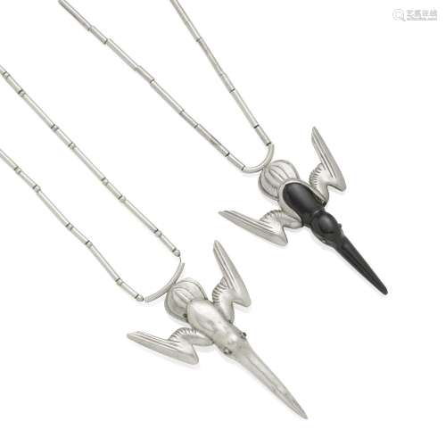 TWO SILVER AND OBSIDIAN HUMMINGBIRD NECKLACES, WILLIAM SPRAT...
