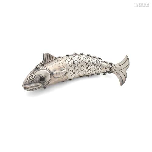 A MEXICAN OBSIDIAN AND STERLING SILVER ARTICULATED FISH-FORM...
