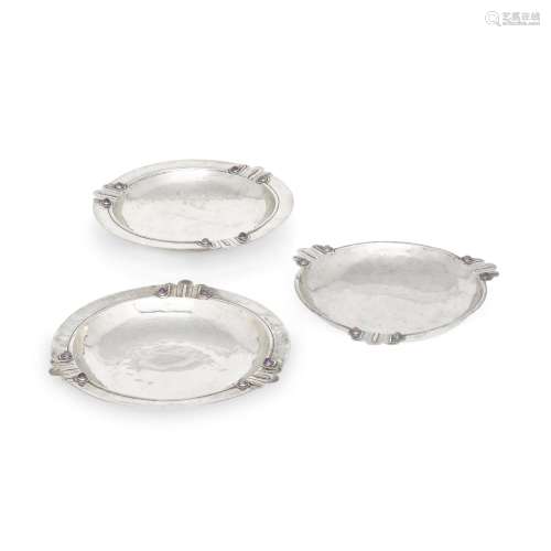 THREE MEXICAN AMETHYST AND STERLING SILVER BOWLS, WILLIAM SP...