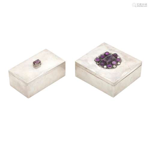 TWO MEXICAN AMETHYST AND STERLING SILVER BOXES, FRED DAVIS, ...