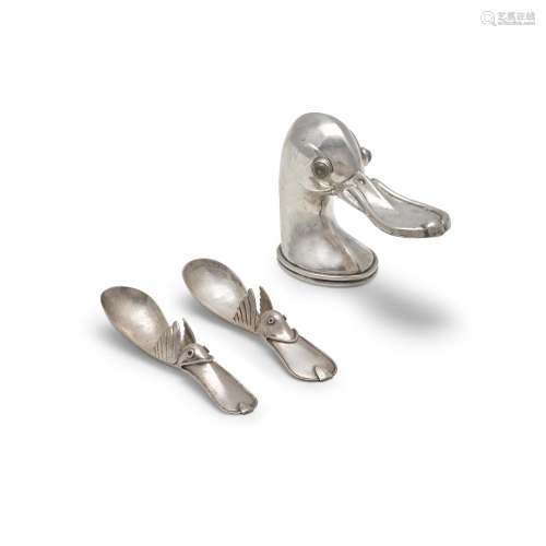 TWO MEXICAN STERLING SILVER DUCK-FORM SUGAR SPOONS AND A BOT...