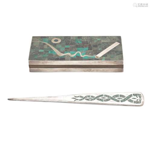 A MEXICAN MOSAIC INLAID SILVER AND WOOD CIGAR BOX AND LETTER...