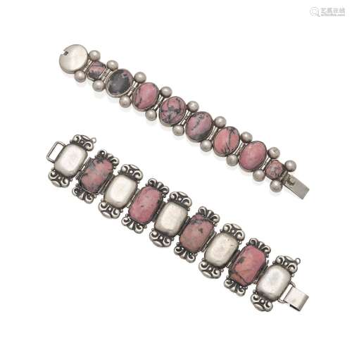 TWO SILVER AND RHODONITE BRACELETS, HECTOR AGUILAR
