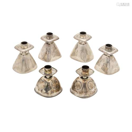 THREE PAIRS OF MEXICAN STERLING SILVER BELL-FORM CANDLESTICK...