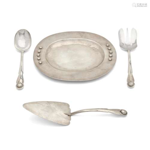 THREE MEXICAN STERLING SILVER SERVING UTENSILS AND A TRAY, W...
