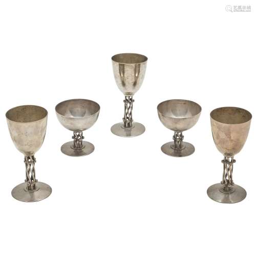 FIVE MEXICAN STERLING SILVER GOBLETS AND CHAMPAGNE COUPES, W...