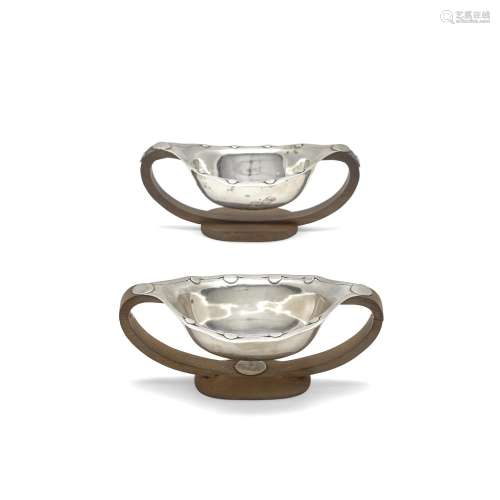 TWO MEXICAN WOOD AND STERLING SILVER BON-BON DISHES, WILLIAM...