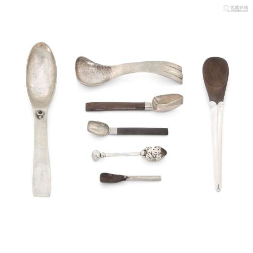 SEVEN MEXICAN STERLING SILVER SCOOPS AND SPOONS, WILLIAM SPR...