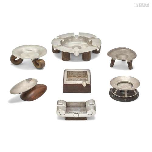 SEVEN MEXICAN WOOD AND STERLING SILVER ASHTRAYS, WILLIAM SPR...
