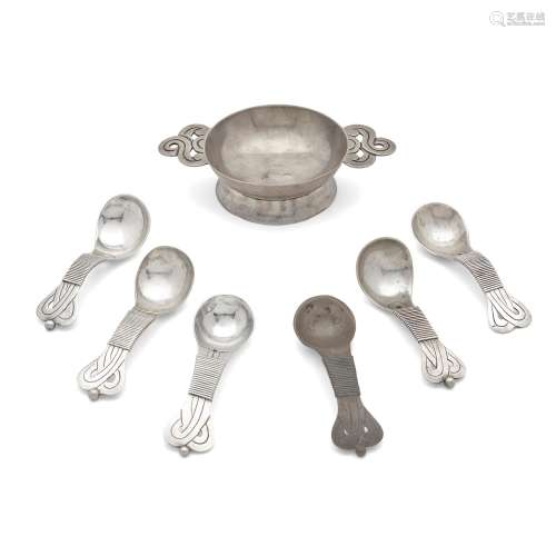 SIX MEXICAN STERLING SILVER SUGAR SPOONS AND A FOOTED TWO-HA...