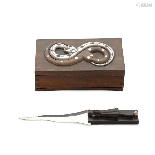 A MEXICAN WOOD AND STERLING SILVER BOX AND LETTER OPENER, WI...