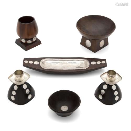 A GROUP OF SIX MEXICAN WOOD AND STERLING SILVER TABLE ARTICL...